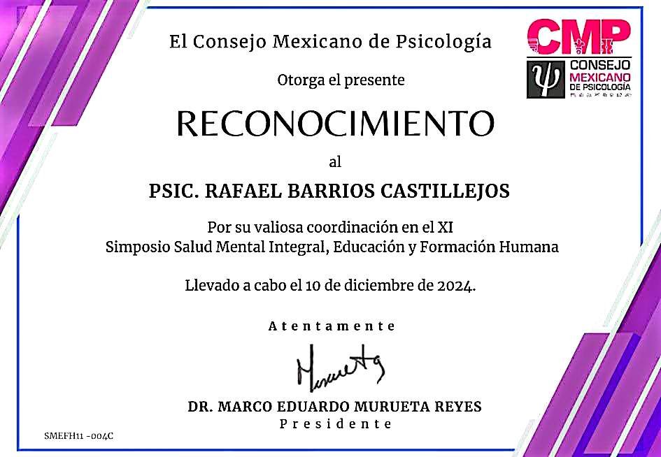 Consejo Mexicano de Psicología Psicólogo Rafael Barrios Castillejos Centro de Terapia Breve tlazol